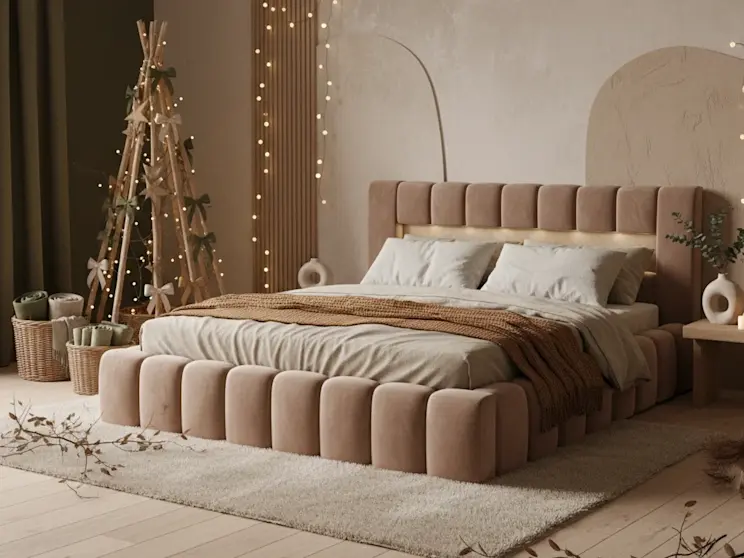 Tapicerowane łóżko Lamica Monolith 09 w boho sypialni dekorowanej świątecznymi lampkami i minimalistyczną choinką, idealne na zimowy relaks.