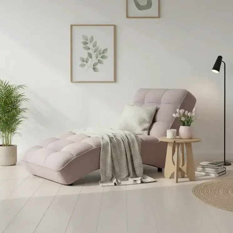 Jasnoróżowy szezlong Loren w nowoczesnej aranżacji salonu ustawiony przy jasnej ścianie. Na szezlongu znajduje się dekoracyjna poduszka i miękki koc, obok stoi drewniany stolik z wazonem tulipanów i świecą.