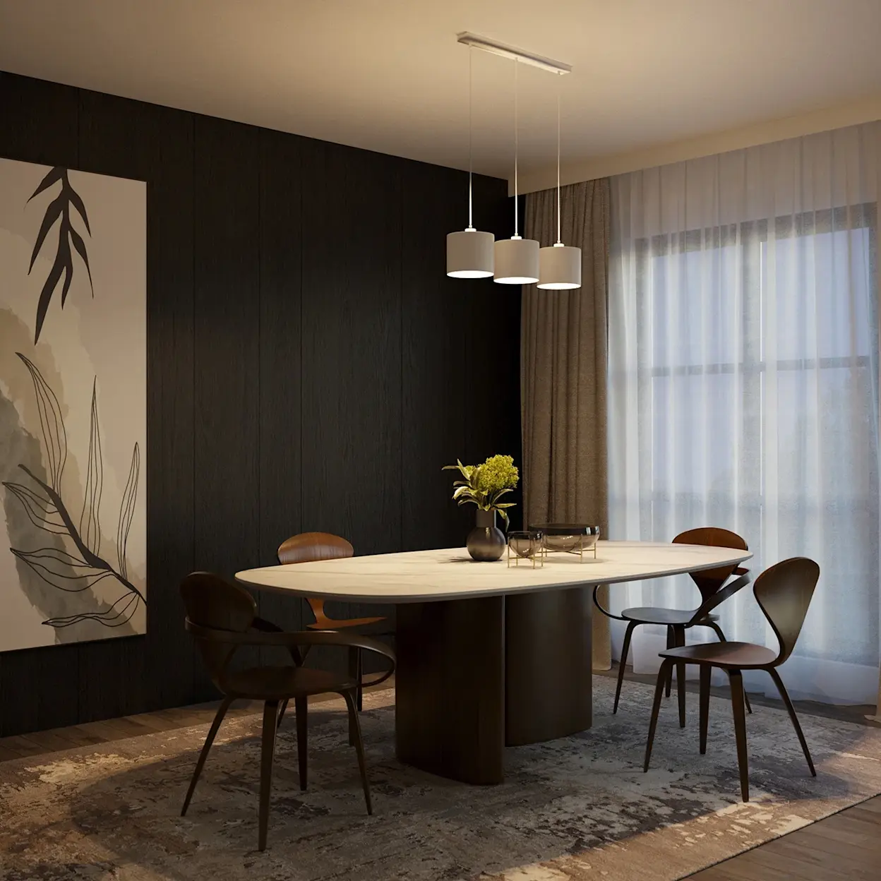 Biała lampa wisząca Vespillo z trzema kloszami nad stołem w jadalni.