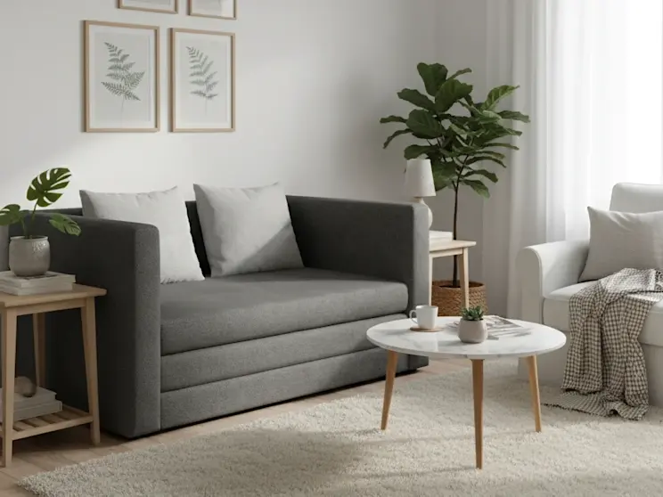 Kanapa Neva Soro 93/Soro 83 w jasnym, minimalistycznym salonie z naturalnymi dodatkami, zielenią i miękkim dywanem, tworząca spokojny klimat.