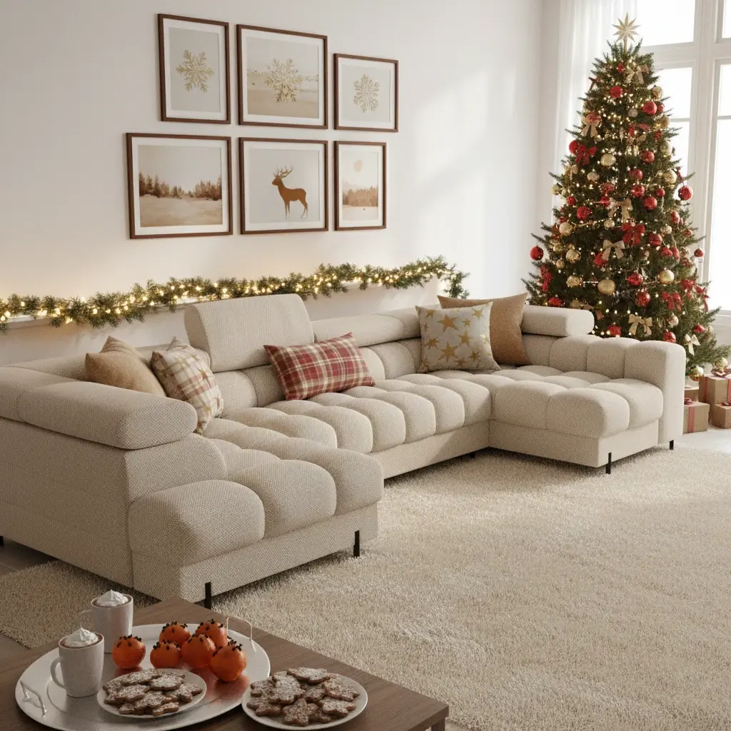 Beżowy narożnik Factory 18 w aranżacji bożonarodzeniowej z choinką i światełkami, podkreślający ciepło i przyjemny klimat wnętrza.