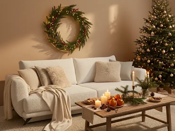 Kanapa Megis Royal 18 w jasnym, świątecznym salonie z wieńcem, choinką i naturalnymi dekoracjami, tworząca ciepły i spokojny klimat.