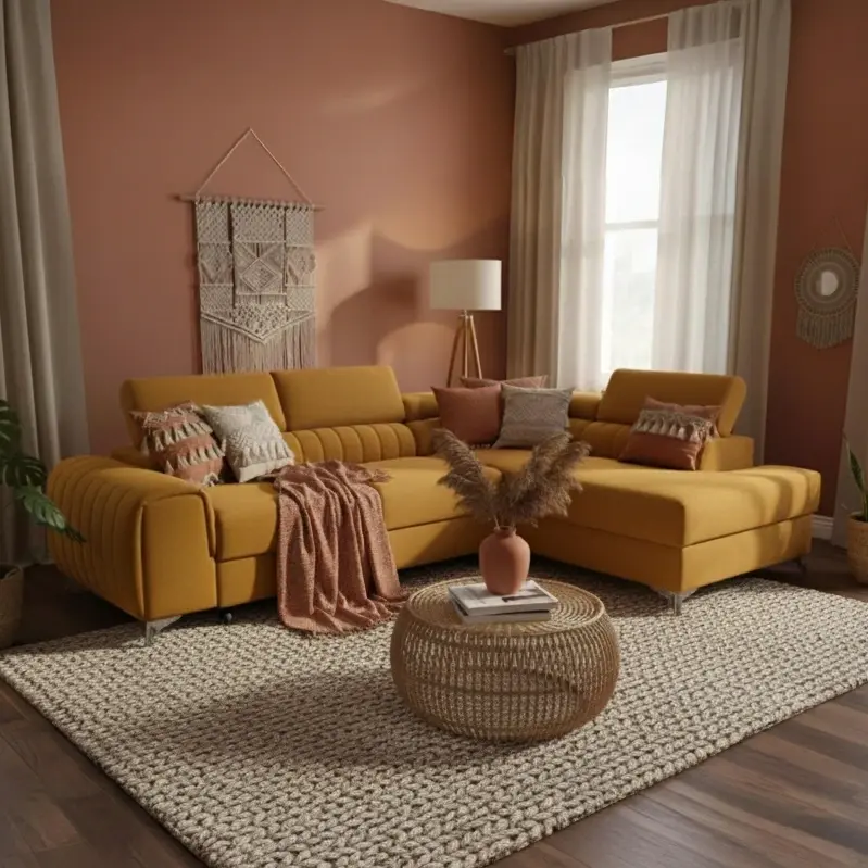 Boho salon z narożnikiem Laurence w musztardowym kolorze, ozdobiony naturalnymi dodatkami, roślinami i miękkimi tkaninami.