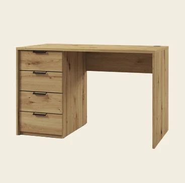 Biurko Barold w dekorze dąb z czterema szufladami i czarnymi uchwytami; praktyczne miejsce do nauki i pracy w domowym biurze.