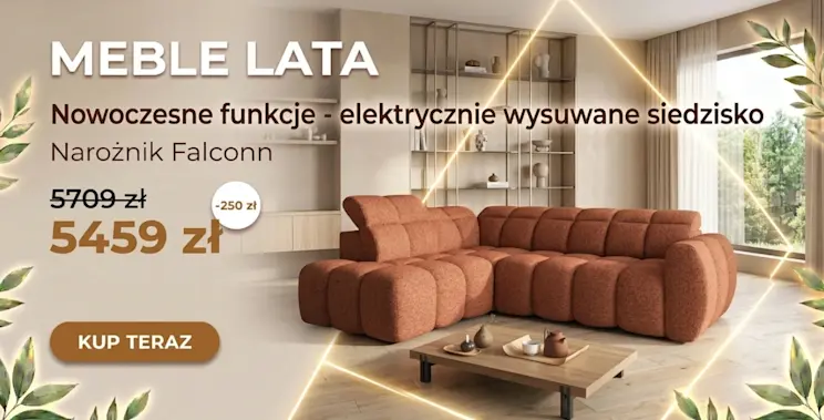 Baner Meble Lata z narożnikiem Falconn w rudej tkaninie, elektrycznie wysuwanym siedziskiem, ceną promocyjną i CTA kup teraz