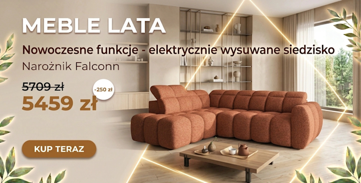 Baner Meble Lata z narożnikiem Falconn w rudej tkaninie, elektrycznie wysuwanym siedziskiem, ceną promocyjną i CTA kup teraz