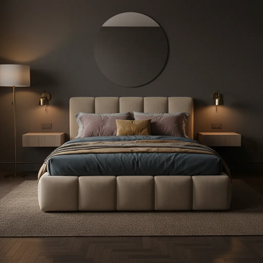 Beżowe łóżko Edvige w tkaninie Jasmine 22 to eleganckie łóżko tapicerowane z wysokim zagłówkiem i miękkim wykończeniem, które zapewnia komfort snu oraz tworzy przytulną, harmonijną przestrzeń w sypialni.