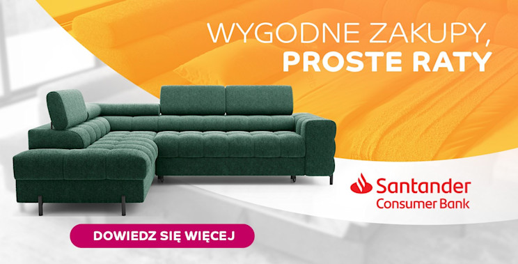 Baner ELTAP – zielony narożnik w salonie, hasło „Wygodne zakupy, proste raty” oraz logo Santander Consumer Bank