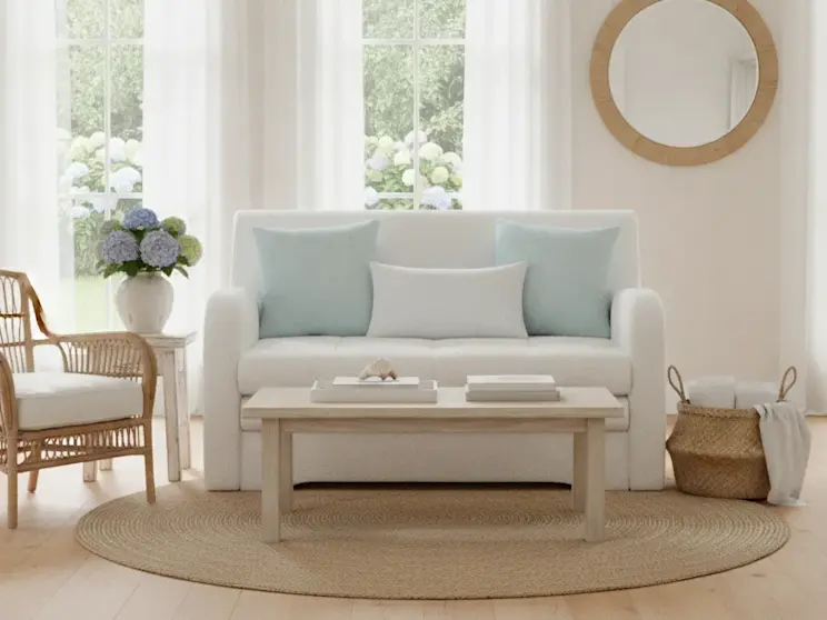 Biała sofa Ario Royal 01 prezentowana w eleganckim salonie z rattanowym fotelem, drewnianym stolikiem kawowym oraz dekoracyjnym lustrem ściennym. Jasna kolorystyka i naturalne materiały tworzą harmonijną aranżację.