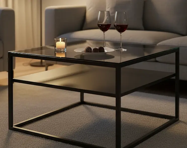 Nowoczesny stolik kawowy Linze w czarnym kolorze z półką i szklanym blatem. Ustawiony na miękkim dywanie przed szarą sofą, z dekoracją w postaci świeczki oraz kieliszków wina – idealny do salonu.
