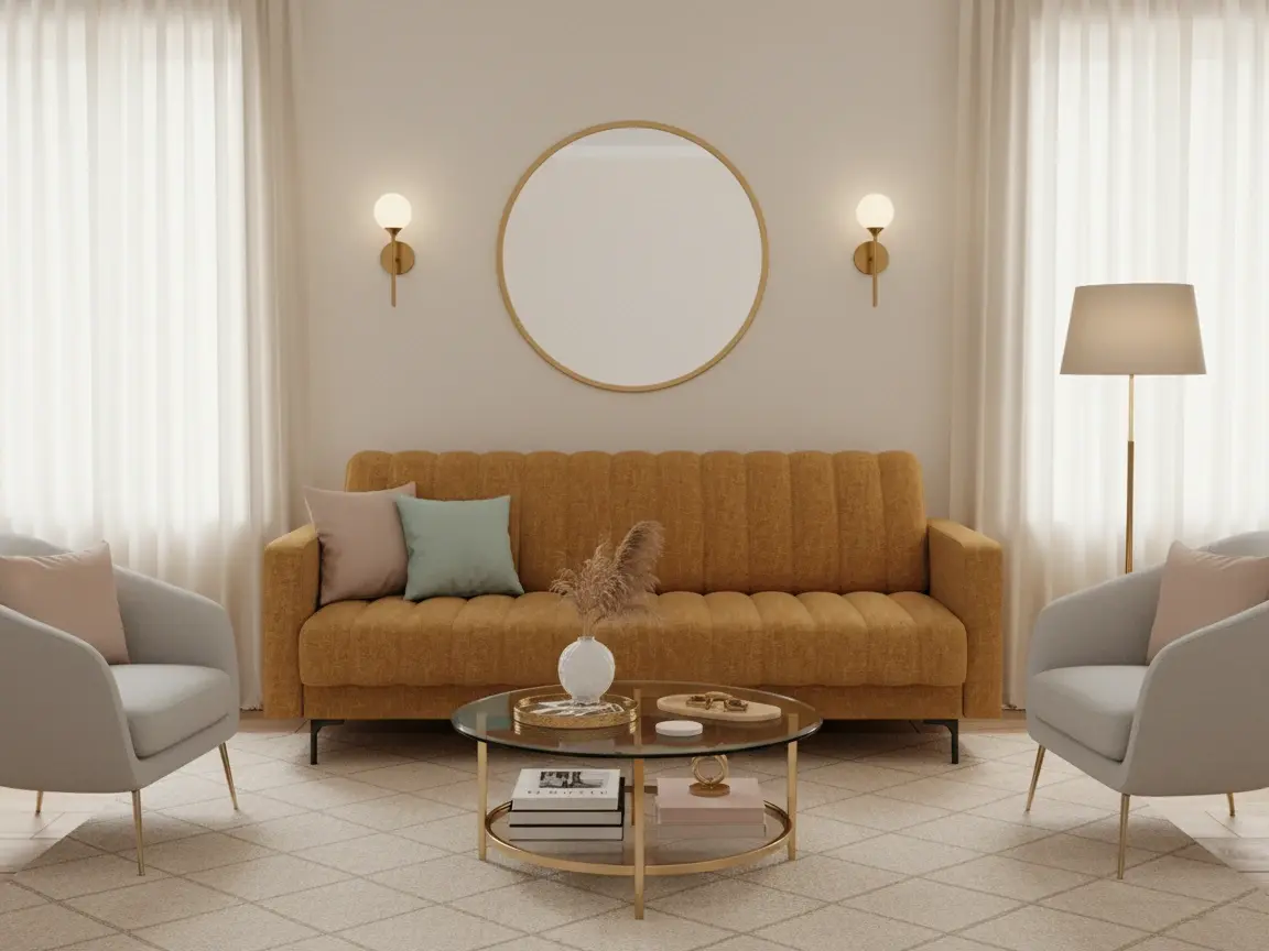 Musztardowa wersalka Roneyy Manhattan 45 ustawiona w przytulnym, jasnym wnętrzu z pastelowymi poduszkami i złotym stolikiem.