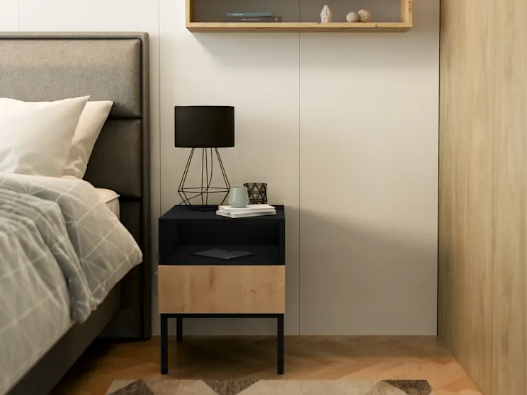 Nowoczesna sypialnia z półką Finees, czarną lampką Brevitas i stolikiem Lanzzi w dwóch kolorach, stojącym na dywanie Eustache Beige.