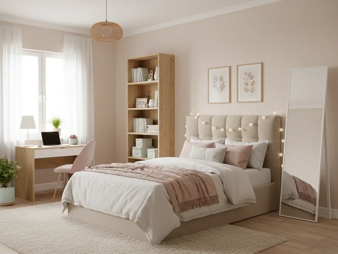 Jasna sypialnia z lustrem Verona stojącym obok łóżka i drewnianym regałem Seilf, otoczona pastelowymi akcentami i roślinami.