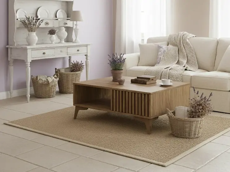 Jasny salon z beżową sofą i drewnianym stolikiem kawowym Entsian, uzupełniony wiklinowymi dodatkami i lekkimi zasłonami tworzącymi przytulny klimat.