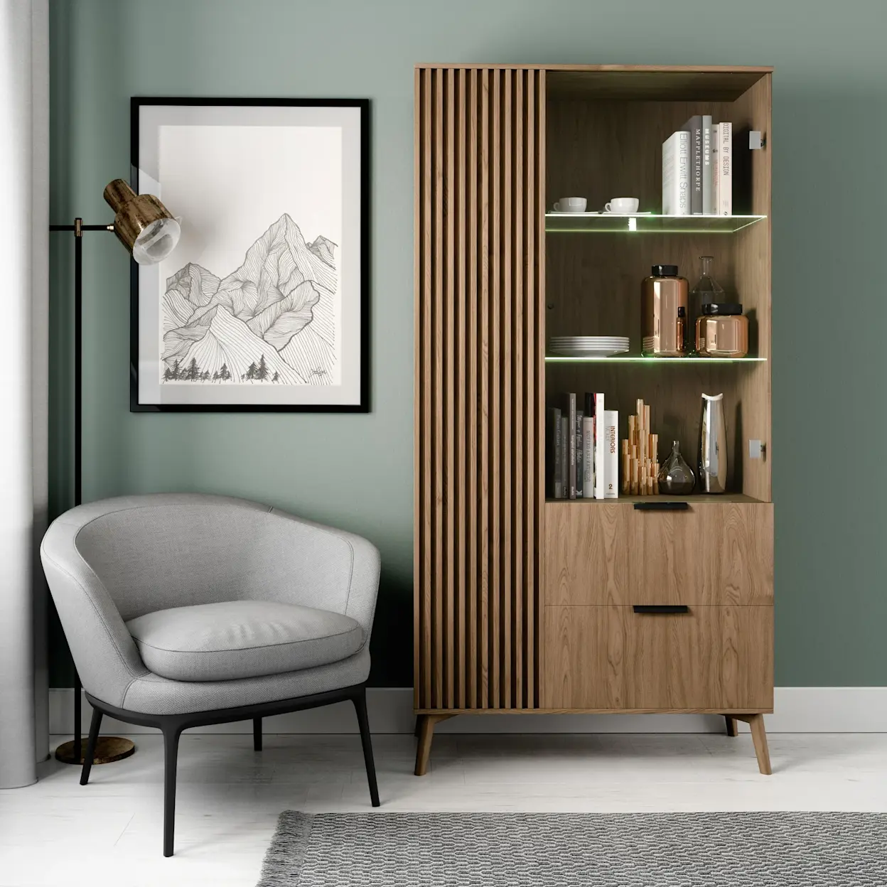 Witryna Entsian z lamelowym frontem i podświetlanymi półkami, ustawiona w eleganckim wnętrzu z miękkim fotelem i grafiką na ścianie.
