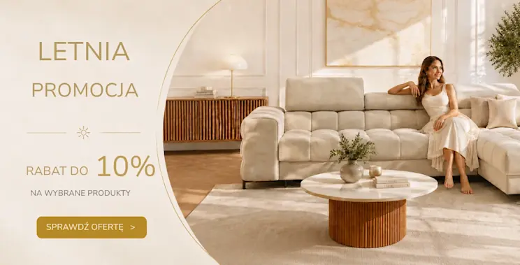 Baner letniej promocji ELTAP z beżowym narożnikiem w jasnym salonie, rabatem do 10% na wybrane produkty i CTA Sprawdź ofertę