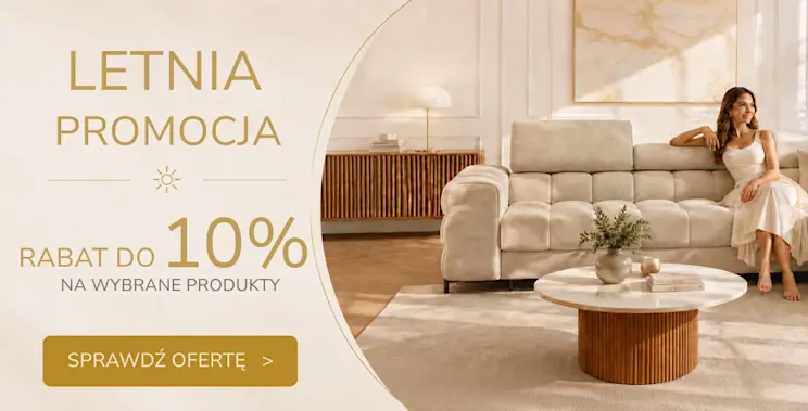 Baner letniej promocji ELTAP z beżowym narożnikiem w jasnym salonie, rabatem do 10% na wybrane produkty i CTA Sprawdź ofertę