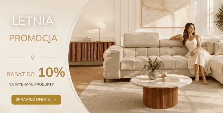Baner letniej promocji ELTAP z beżowym narożnikiem w jasnym salonie, rabatem do 10% na wybrane produkty i CTA Sprawdź ofertę