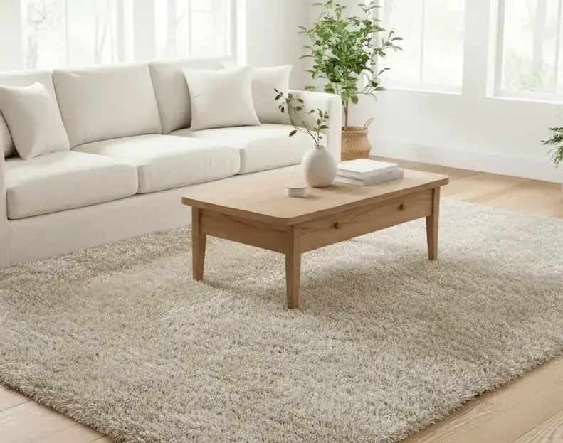 Dywan Blodwen Beige w jasnym salonie urządzonym w stylu skandynawskim, ułożony na drewnianej podłodze obok kremowej sofy i drewnianego stolika kawowego. Miękkie, gęste runo w odcieniu beżu ociepla wnętrze i dodaje mu przytulności.