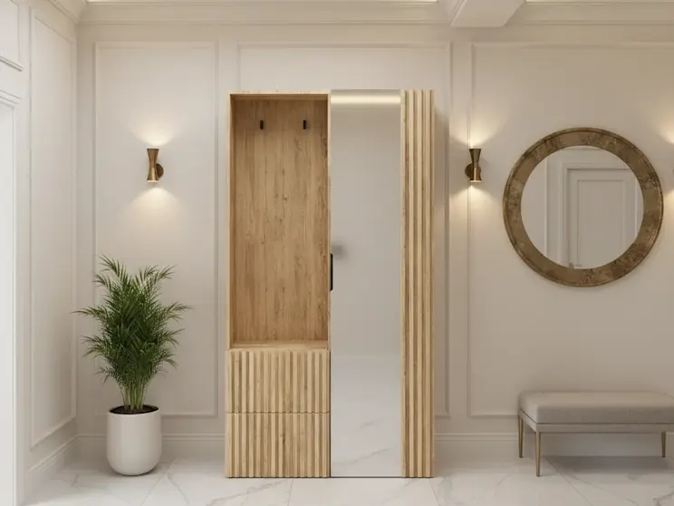 Garderoba Vimerio do holu: drewniany moduł z wieszakiem na okrycia, praktyczną szafką oraz wysokim lustrem obok lameli. Wnętrze jest jasne i przestronne, z marmurową posadzką, oświetleniem sufitowym i ławką do zakładania butów.