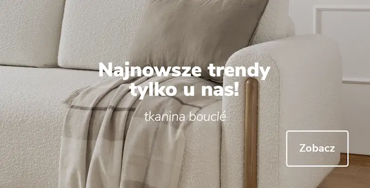 Beżowa sofa z tkaniny boucle z kocem i poduszką – najnowsze trendy w ofercie ELTAP