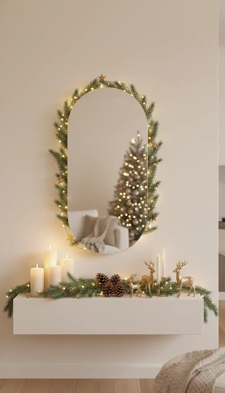 Świąteczna aranżacja z lustrem Nunisse, girlandą z gałązek i świecami, odbijająca choinkę pełną lampek – przytulny klimat nowoczesnego salonu.