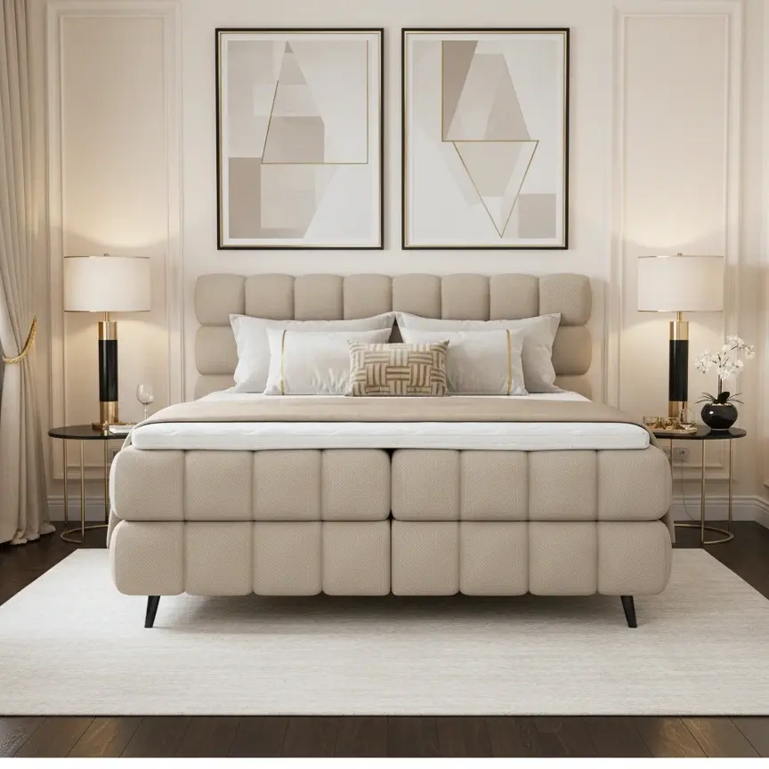 Łóżko kontynentalne Sabeno w tkaninie Calmora 18 w eleganckiej sypialni z czarnymi lampami, złotymi akcentami i ciepłymi beżami.