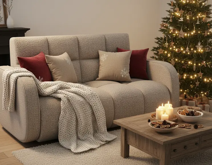Przytulny salon ze świąteczną choinką i amerykanką Deverio Royal 18, udekorowaną poduszkami i miękkim kocem, tworzy ciepły, rodzinny klimat.