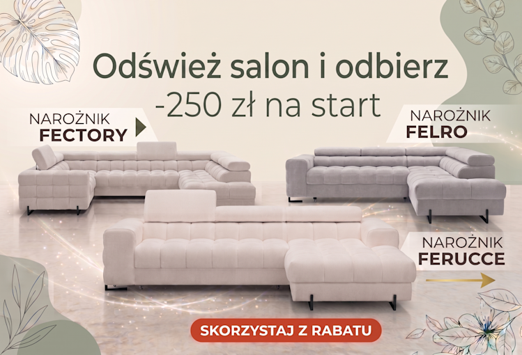 Baner reklamowy z wiosenną promocją na narożniki ELTAP. Grafika przedstawia modele Factory, Felro oraz Ferucce objęte obniżką o 250 zł, na tle zielonej kompozycji inspirowanej naturą i wiosennym odświeżeniem wnętrz.