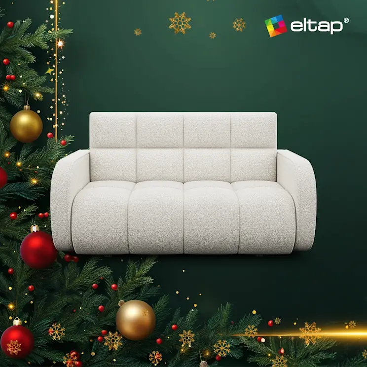 Kanapa Deverio na świątecznej grafice ELTAP, ustawiona na zielonym tle z choinkowymi gałązkami, bombkami i złotymi śnieżynkami.