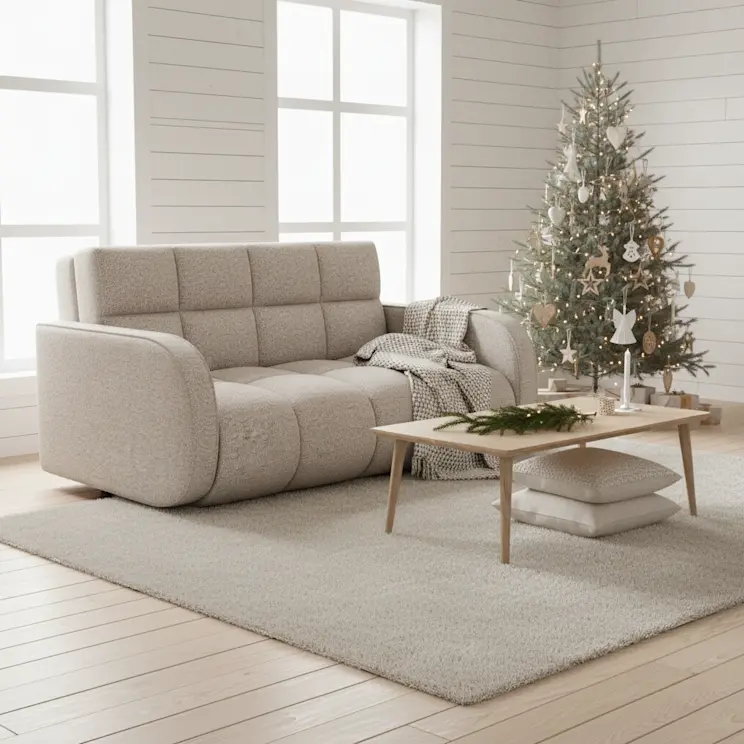 Jasna kanapa Deverio Royal w przytulnym salonie ze świąteczną choinką. Ciepła aranżacja wnętrza sprzyjająca rodzinnemu wypoczynkowi.