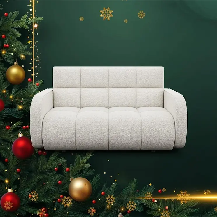 Kanapa Deverio na świątecznej grafice ELTAP, ustawiona na zielonym tle z choinkowymi gałązkami, bombkami i złotymi śnieżynkami.