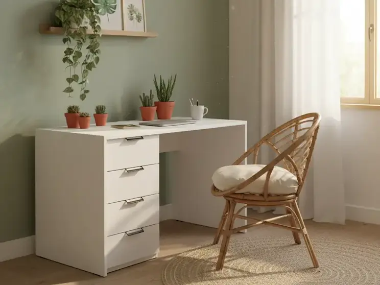 Białe biurko Barold o wymiarach 120x60 cm w jasnej aranżacji domowego biura przy zielonej ścianie. Na blacie stoją doniczki z roślinami i notes, a obok ustawiono plecione krzesło przy dużym oknie z jasną zasłoną.