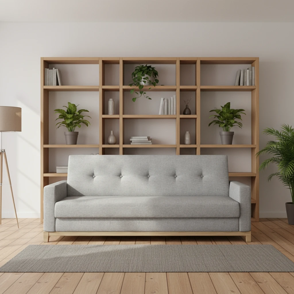 Wersalka Selene w tkaninie Sawana 21 z bukowymi nogami, ustawiona w jasnym, skandynawskim salonie z dużym regałem i roślinnymi akcentami.