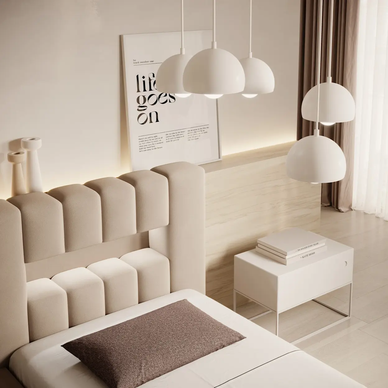 Łóżko Lamica 90 w tkaninie Nube 20 w jasnej, nowoczesnej sypialni. Miękki, segmentowy zagłówek tworzy efekt dekoracyjnej ściany, a nad łóżkiem wiszą białe lampy Calide, które dają przyjemne światło do odpoczynku.