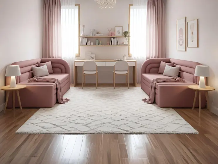 Kanapa Fabillo lewa i prawa w tkaninie Touch 24 w harmonijnej, pastelowej aranżacji z dwoma strefami do nauki i miękkimi tekstyliami.