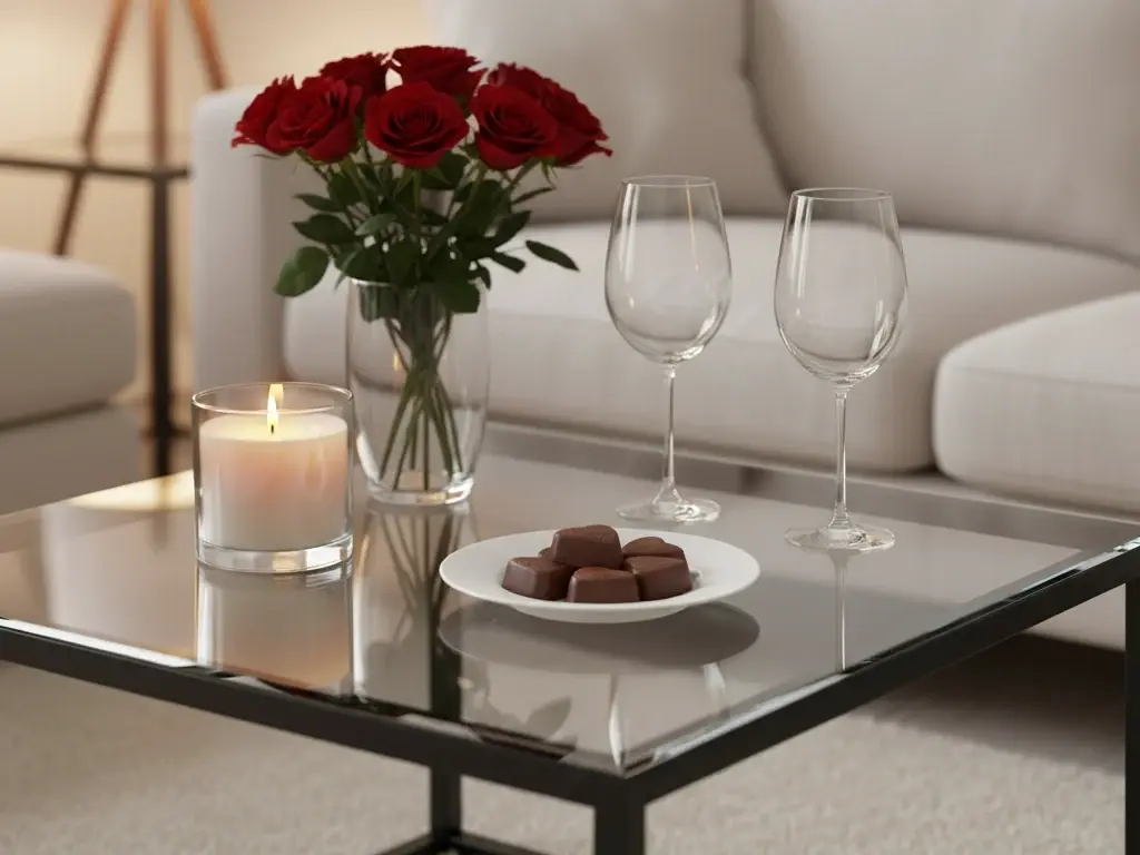Czarny stolik kawowy Merala ze szklanym blatem w nowoczesnym salonie. Na blacie stoi świeca, wazon z czerwonymi różami, kieliszki oraz talerzyk z czekoladkami, tworząc elegancki klimat spotkania we dwoje.