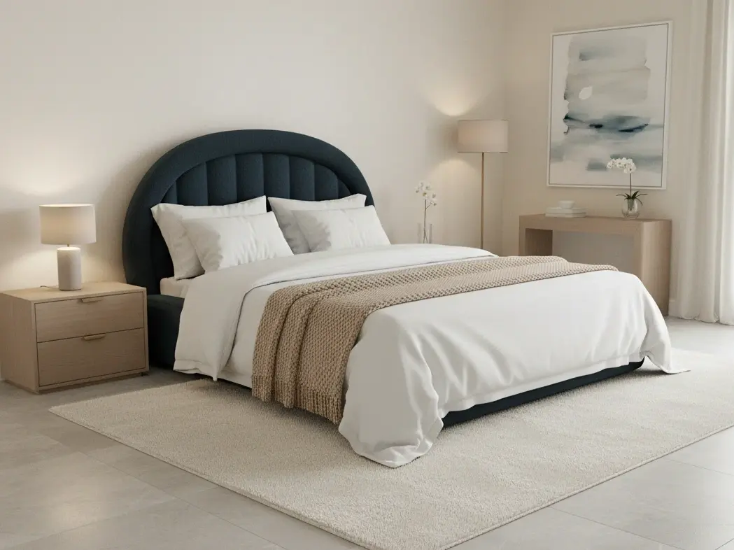 Kremowe wnętrze z łóżkiem Tapedo, prostą dekoracją ścienną i lekką, spokojną kolorystyką sprzyjającą relaksowi. Styl: soft minimalism