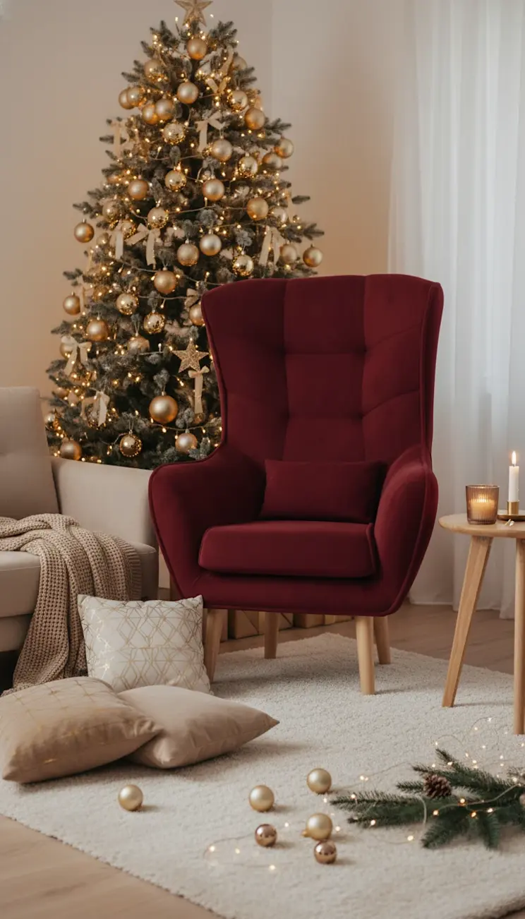Burgundowy fotel Arti Matt Velvet 68 w świątecznej aranżacji salonu, ustawiony obok choinki pełnej złotych ozdób i migoczących lampek.