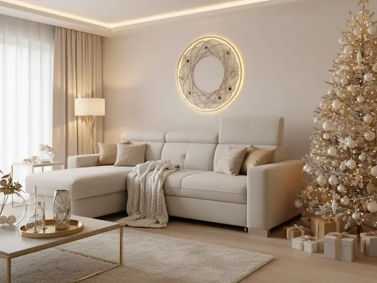 Narożnik Fresia Inari 22 w jasnym, eleganckim salonie ze złotymi dekoracjami i choinką, tworzy przytulną, świąteczną atmosferę pełną ciepłego światła.