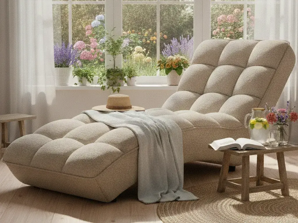 Nowoczesny szezlong Loren Royal 18 w odcieniu kremowym zaprezentowany w jasnym wnętrzu pełnym roślin i naturalnego światła. Wygodna konstrukcja oraz elegancka tapicerka doskonale komponują się z aranżacją w stylu soft natural.
