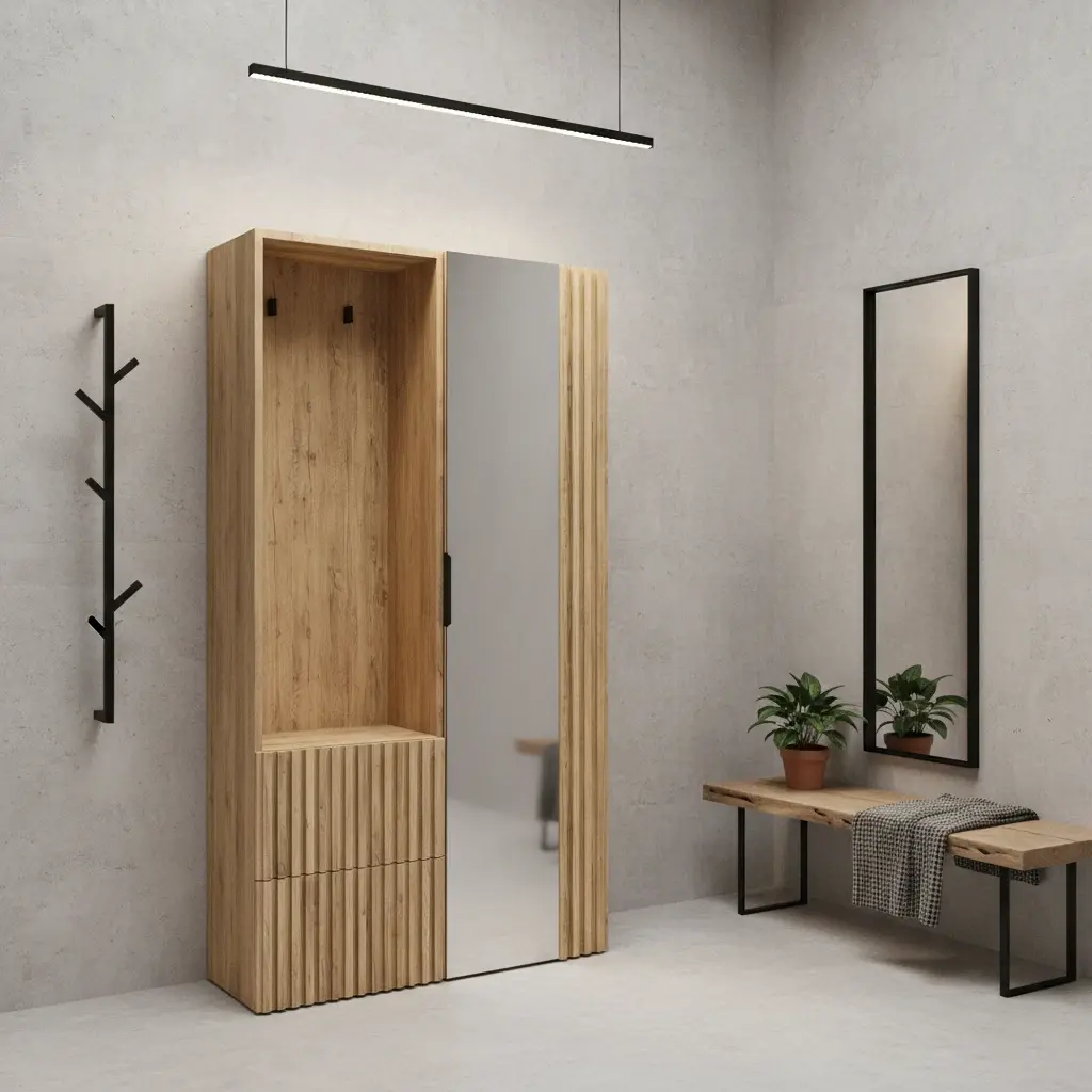 Nowoczesny przedpokój w stylu loft z garderobą Vimerio w dekorze dębu, z lamelami i dużym lustrem. Obok widać ławkę na metalowych nogach, czarne wieszaki ścienne i rośliny, które ocieplają surowe wnętrze.