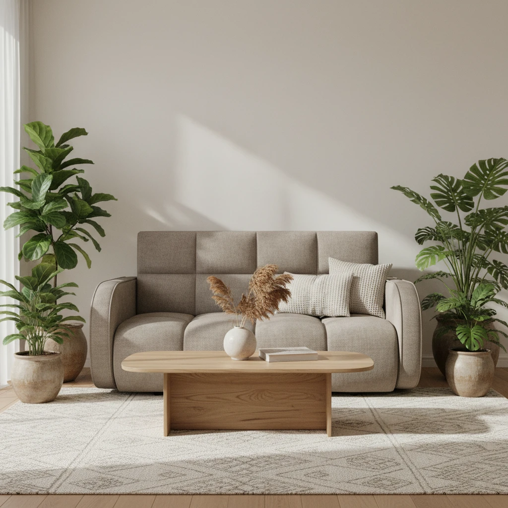 Amerykanka Deverio w tkaninie Poco 07 w spokojnym, naturalnym salonie z dużymi roślinami, drewnianym stolikiem i jasnym dywanem.