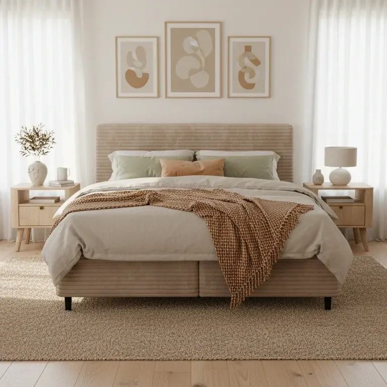 Łóżko kontynentalne Cortiko w jasnej, naturalnej sypialni z drewnianymi meblami, lekkimi zasłonami i roślinami w ciepłej aranżacji.