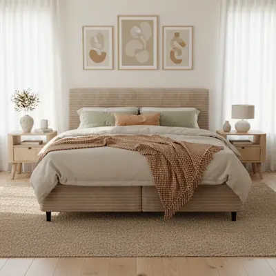 Łóżko kontynentalne Cortiko w jasnej, naturalnej sypialni z drewnianymi meblami, lekkimi zasłonami i roślinami w ciepłej aranżacji.