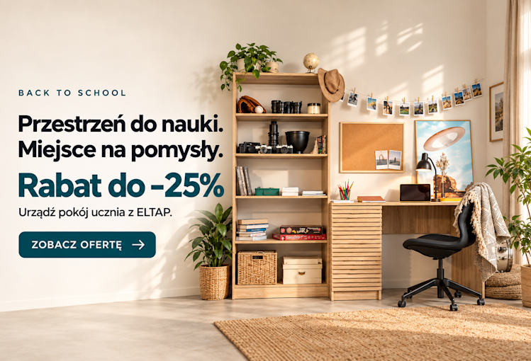 Baner Back to School ELTAP z aranżacją pokoju ucznia, biurkiem, regałem i fotelem oraz informacją o rabacie do 25% na meble