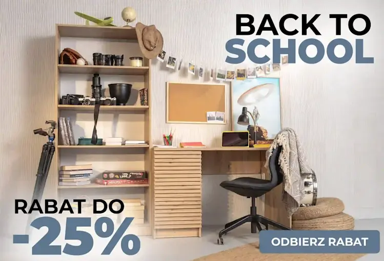 Baner Back to School ELTAP z aranżacją pokoju ucznia, biurkiem, regałem i fotelem oraz informacją o rabacie do 25% na meble