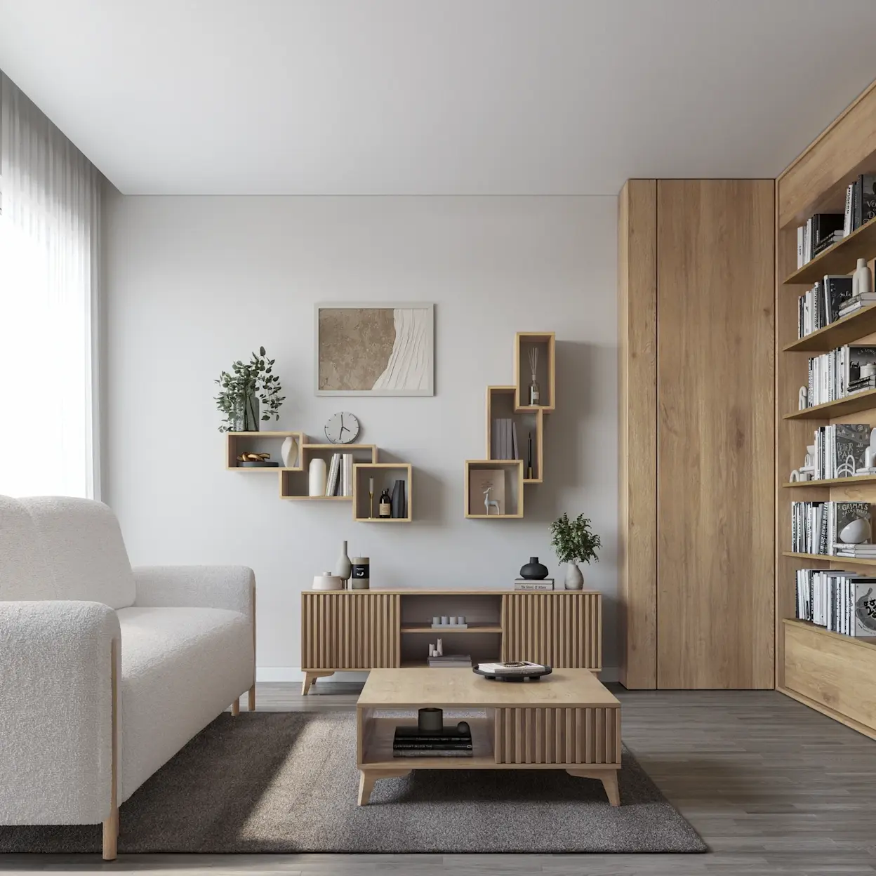 Przytulny salon z jasną kanapą Arcadova oraz drewnianą szafką RTV Entsian i stolikiem kawowym Entsian z lamelowym detalem. Na ścianie wisi półka Alitty z dekoracjami, a całość utrzymana jest w ciepłym, skandynawskim stylu.