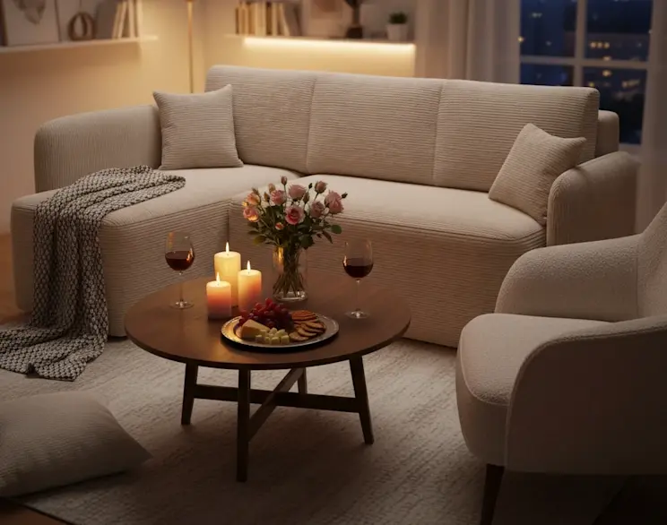 Beżowy narożnik Hadson Jarell 18 w przytulnym salonie o wieczornej atmosferze. Na okrągłym stoliku stoją zapalone świece, kwiaty oraz kieliszki z winem, tworząc romantyczny klimat i ciepłe oświetlenie.
