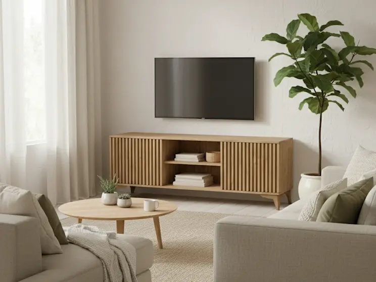 Szafka RTV Entsuan w naturalnym odcieniu, ustawiona pod telewizorem w jasnym salonie z miękkimi tkaninami i zielonym akcentem w postaci dużej rośliny.